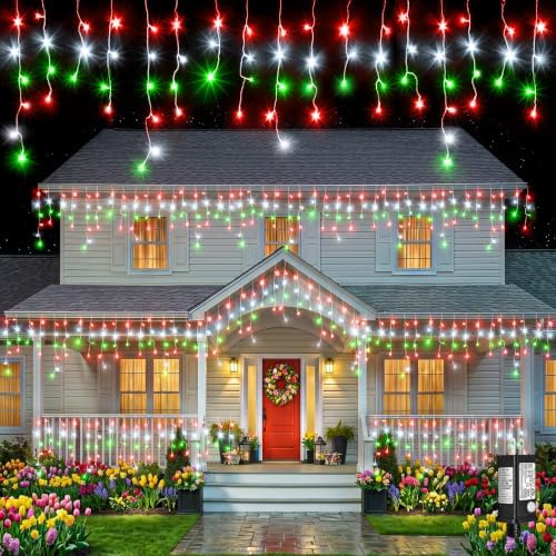 33FT Icicle Lights for Outside 400 LED Red White and Green Christmas Lights