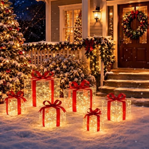 Rattanview 12 Set Christmas Lighted Gift Boxes Outdoor Holiday LED Decor