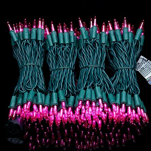 YULETIME 200 Pink LED Christmas Lights, 66 ft Green Wire UL String Light