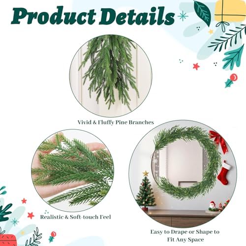 TOWPONICS 2Pcs 6FT Christmas Garland, Norfolk Pine Garland for Mantle Decor