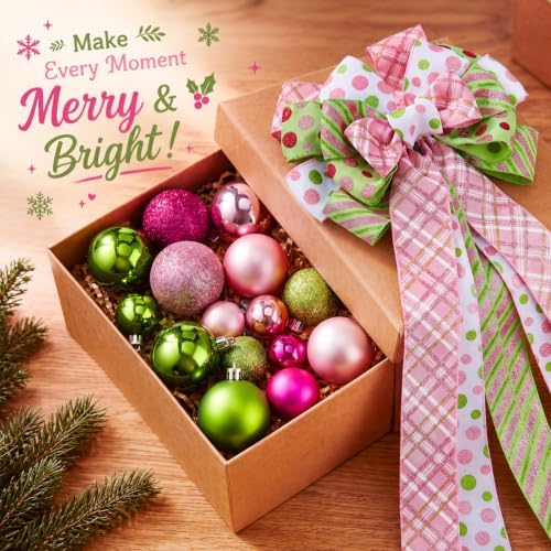 Gejoy 32 Pcs Pink and Lime Green Christmas Tree Decoration Set