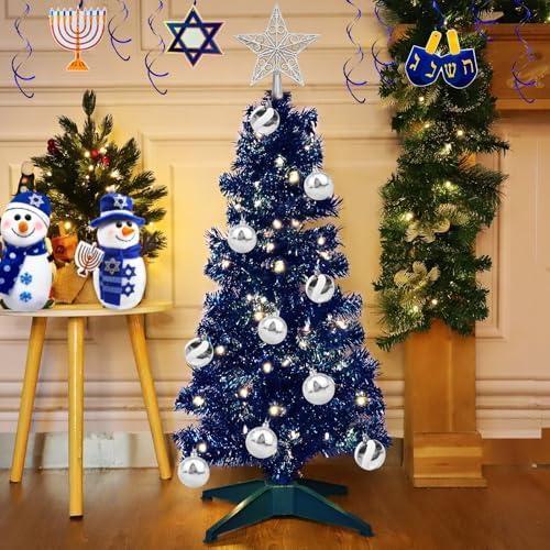 Timer - 3 Ft Blue Christmas Tree with Lights, DIY 50 Warm Lights 15 Ball & 3D Star Battery Operated 8 Modes Pencil Mini Tabletop Small Christmas Tree Xmas Indoor Table Home Hanukkah Decorations