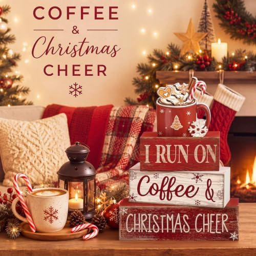 Lineshading 4 Pcs Christmas Coffee Table Decor Hot Chocolate Cocoa Wooden Stacked Sign Rustic Christmas Tiered Tray Decor Cocoa Centerpiece Block Signs Gift Xmas Decoration for Home Coffee Bar Kitchen