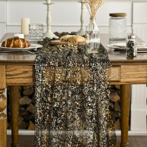Artoid Mode 2-Pack Black Gold Gauze Table Runner 10FT, Glitter Metallic Foil Sheer Dining Wedding Anniversary Holiday Birthday Table Decor for Home Party