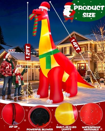 12 Ft Christmas Inflatables Dinosaur Outdoor Decorations, Giant Christmas Blow up,Built in LED Lights, Xmas Inflatable Decor Holiday Party Yard Garden Lawn