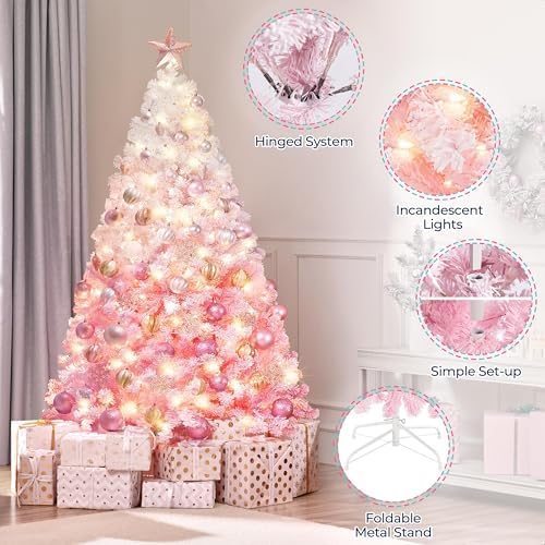 Yaheetech 6ft Prelit Flocked Christmas Tree, Pink & White, 250 Lights