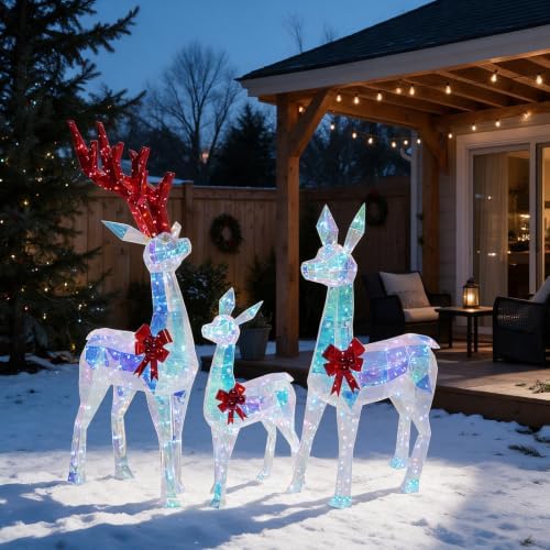 Hykolity 4 FT 3D Iridescent Prismatic Lighted Deer Family Set, 3-Piece Outdoor Christmas Reindeer Decorations with 180 Cool White LED Lights for Yard, Lawn and Porch