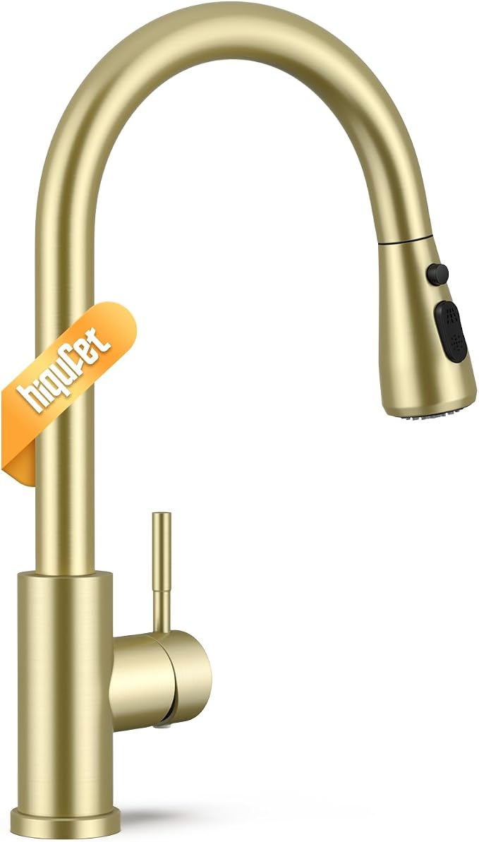 Hiqufet Vintage Kitchen Faucet, Pull Down Sprayer, Brushed Gold | Easy Install, 360 Swivel, 3 Spray Modes, SUS304 Stainless Steel, High Arc, Fits RV/Laundry/Bar Sinks, High Arc, Lead-Free