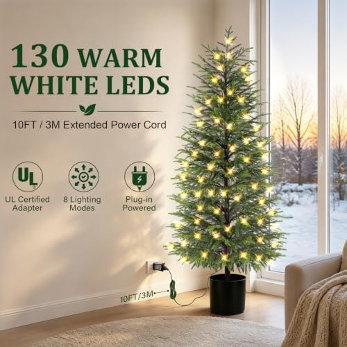 ENVEN 5FT Prelit Norfolk Pine Christmas Tree Real Touch Artificial Cedar Tree with 80LED Lights & 8-Function Plug-in Potted Faux Trees for Front Porch, Entryway, Patio, Christmas Indoor Outdoor Decor