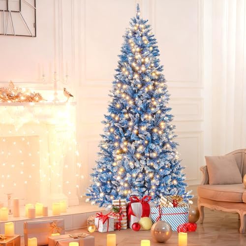 HAPPYGRILL 7 FT Pre-lit Christmas Tree Blue Hinged Artificial Xmas Tree with 340 Warm White LED Lights, 8 Modes, 1062 Frosted Branch Tips, Folding Metal Base, for Home Party Holiday