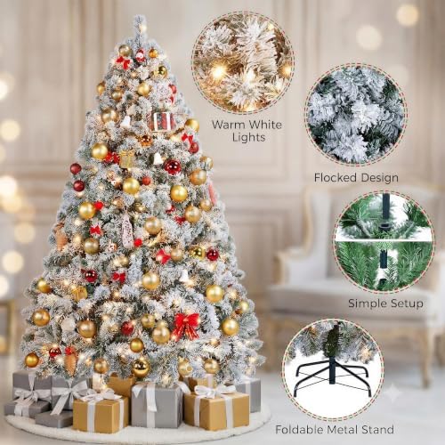 Yaheetech 6ft Pre-Lit Snow Flocked Artificial Christmas Tree, 250 Lights