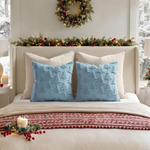 MIULEE Christmas Throw Pillow Covers Blue Christmas Decorations Set of 2 Xmas Tree 18x18 Pillow Covers Soft Plush Faux Wool Pillowcases Holiday Festivals Winter Home Decor Sofa Couch Bed Porch
