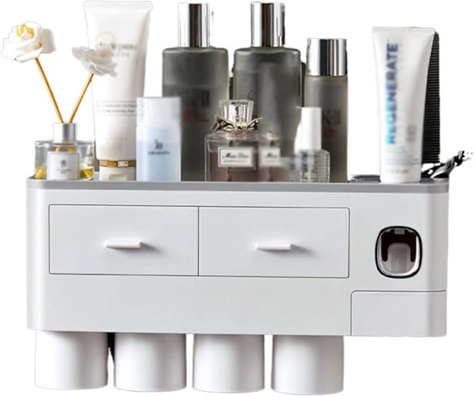 Toothbrush Rack Home Toothbrush Holder Wall Mounted Bathroom Organizer, Toothbrush Holder with Toothpaste Dispenser and Cups Bathroom Toothbrush Holder(B)