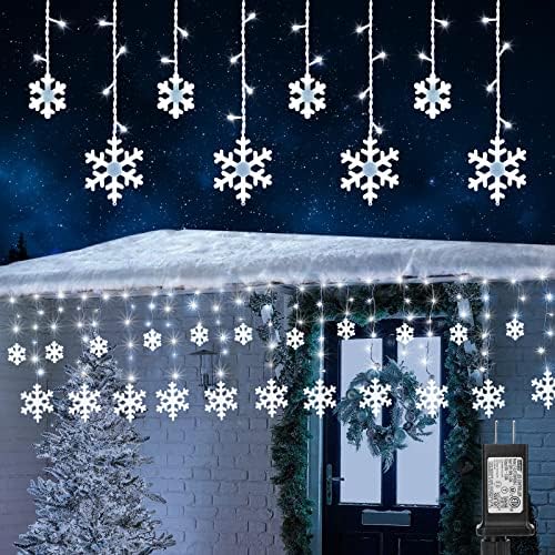 Christmas Snowflake Lights, 10.66ft 168 LED Icicle Lights Outdoor with 14 Drops, 8 Modes Waterproof Connectable Christmas Light for Eaves Wedding Garden Yard Indoor Outdoor Xmas Decorations (White)