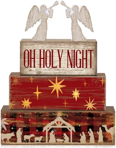 Moucuny 4 Pcs Christmas Table Decor, Oh Holy Night Wooden Sign