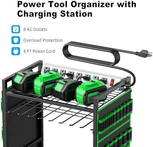 JUNNUJ Power Tool Organizer Cart with Charging Station, 10 FT Cord, Green