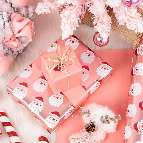 WRAPAHOLIC Reversible Christmas Wrapping Paper - Mini Roll - 17 Inch x 33 Feet - Santa Claus Wrapping Paper and Solid Rose Gold Design with Metallic Foil Shine for Chrsitmas, Holiday, Party