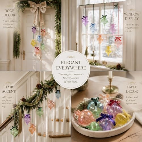 Hungdao 9 Pcs Vintage Colorful Glass Christmas Ornament with Bows, Rainbow