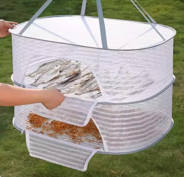 Foldable Drying Net for Vegetables, Fish, and Dehydrated Goods, Multi-tiered Food Drying Net, Versatile Drying Rack, Windproof Design, Zipper Closure for Insect Protection (Dark green, Dual Layer)