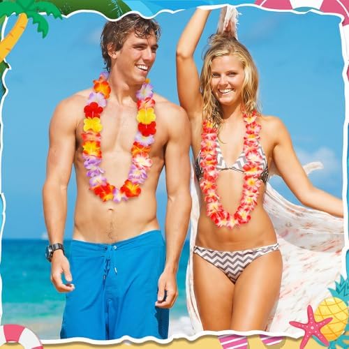 JUNEBRUSHS 24 Pack Hawaiian Leis for Luau Party Colorful Flower Necklaces Wreath Garland for Tropical Party Decorations Graduation Summer Beach Wedding Birthday