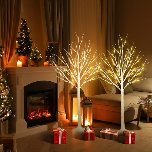 1 Pack 4FT Lighted Birch Trees, 48 LED Twinkling Trees, 2 Lighting Modes