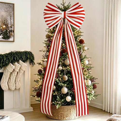Christmas Decorations - 6.5 Ft Giant Red and White Striped Christmas Bow