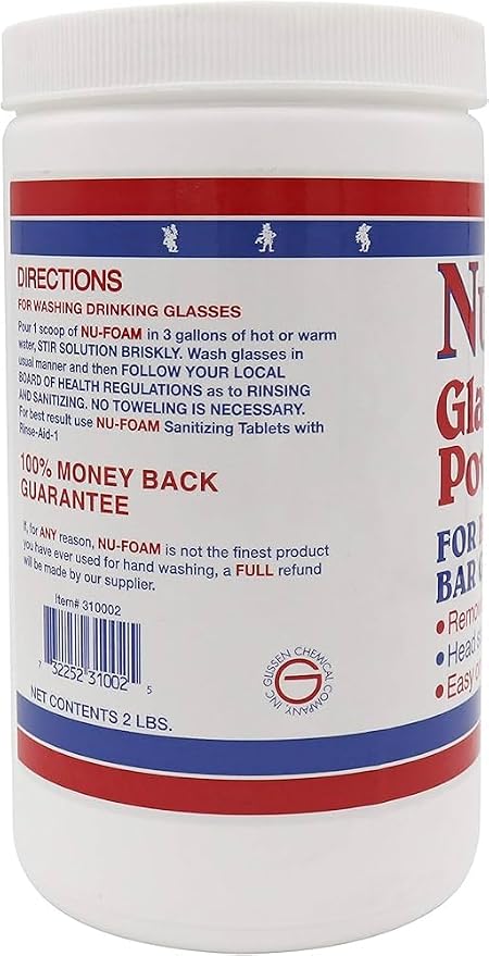 Nu-Foam Glass Washing Powder - Detergent for Bar Glassware – Original Streak-Free Solution - Hand Washing Bar, Tavern, Brewery Supplies - Concentrated 2 Lb Jar