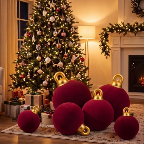 Jenaai 6 Pcs Burgundy Giant Velvet Christmas Inflatable Ball Ornament