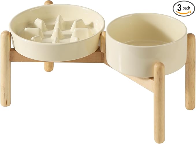 Havniva Elevated Slow Feeder Dog Bowls, Ceramic Dog Bowl Slow Feeder Set | 1.2 Cups Raised Slow Feeder Dog Bowl for Small Breed, 6.1” Dog Water Bowl with Wooden Stand, Puzzle Dog Food Bowl, Non-slip