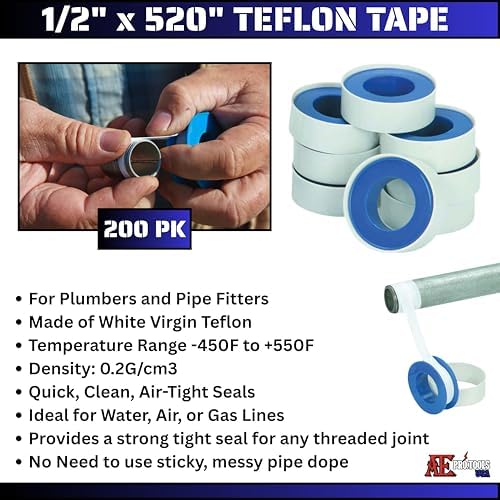 ATE Pro. Tools - Teflon Tape, Industrial Sealant Tape, Threaded Pipe Tape, Plumbing Tape, Temperature Range of -450F to +550F, 1/2" X 520", White - 200 Pack