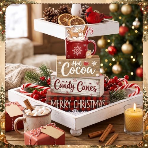 Moucuny 4 Pcs Christmas Table Decorations Wooden Hot Chocolate Cocoa Stacked Wooden Blocks Christmas Tiered Tray Decor with Cocoa Mug, Candy Canes Winter Centerpiece for Home Offiece Coffee Bar