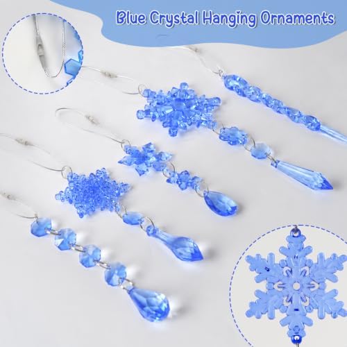 36pcs Crystal Christmas Ornaments for Tree Decorations, Royal Blue Hanging Acrylic Snowflake Icicle Star Ornaments with Drop Pendants for Winter Wonderland Chandelier Crystals Decorations Supplies