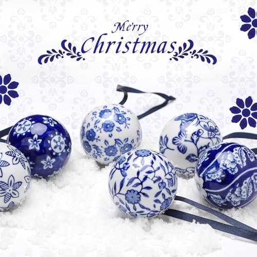 Cindeer 6 Pcs Blue and White Christmas Porcelain Balls, Novelty Style