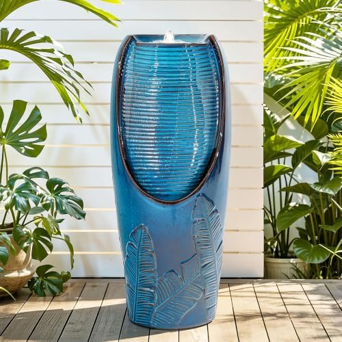 Autodaya 33" H Ceramic Jar Outdoor Water Fountain, Banana Leaf-Texture