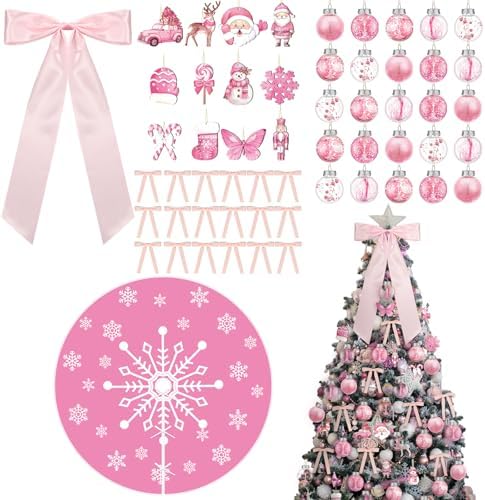 Syhood 74 Pcs Pink Christmas Tree Ornaments Set