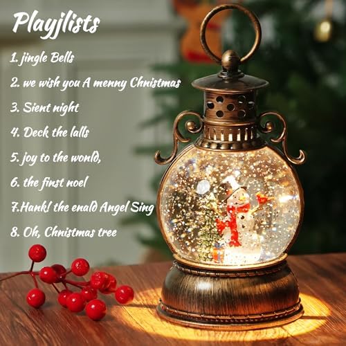 Christmas Snow Globe Lantern Water Glittering Snowman Scene with Music & Timer, USB Lined/Battery Operated Lighted Water Lantern for Christmas Festival Decoration Gifts