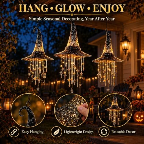 2027 New Lighted Witch Hat Hanging Chime Halloween, Witch Star Tassel，1pc