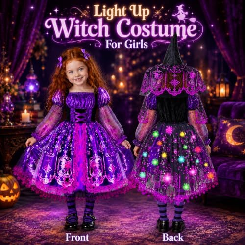 Witch Costume for Girls, Light Up Halloween Costume for Kids 3-10