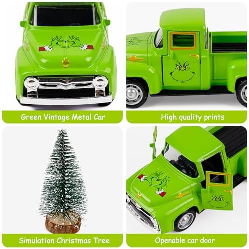 Christmas Green Truck Decor, Green Tree Truck Decorations for Home Indoor, Mini Cute Christmas Tree Tiered Tray Decor, Farmhouse Kitchen Tabletop Centerpiece Decorations