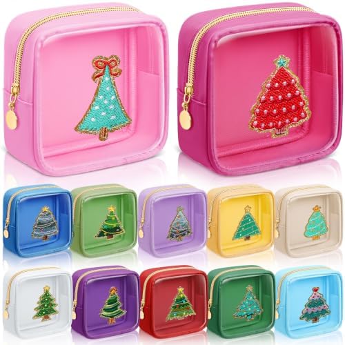 Abbylike 12 Pcs Christmas Preppy Patch Makeup Bags Bulk Polyester Holiday Makeup Bag Skincare Pouch Xmas Zipper Cosmetic Pouch Preppy Thing for Travel Christmas Women Gift (Classic, Colorful)
