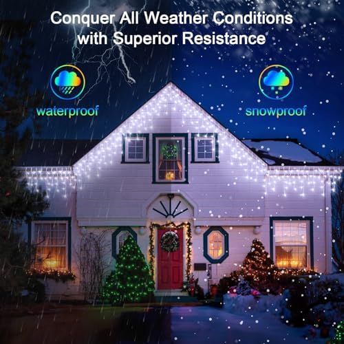 66FT LED Christmas Lights with 140 Drops, Outdoor Hanging Lights 490 LED 8 Modes, Outsite Fairy String Lights for Wedding Party Holiday Cool White