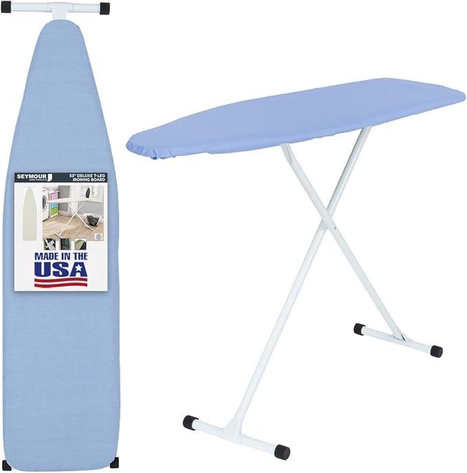 Full Size Ironing Board with Cover & Pad – USA-Made with Enhanced Grip Feet for Extra Stability – Adjustable Steel T-Legs 35" H – Perforated Top – Durable Iron Board for Home Laundry Room Light Blue