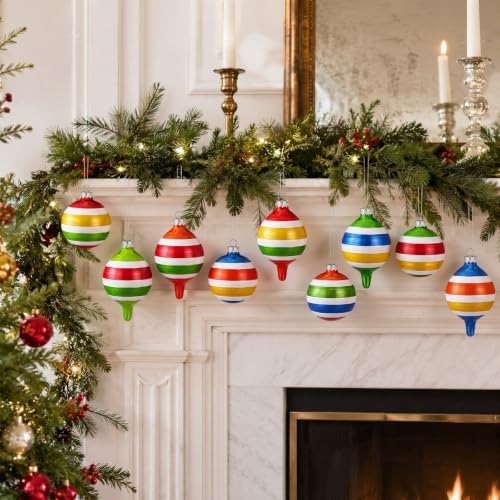 Soulchen 10 Pcs Vintage Glass Christmas Ornaments, Stripes, Festive