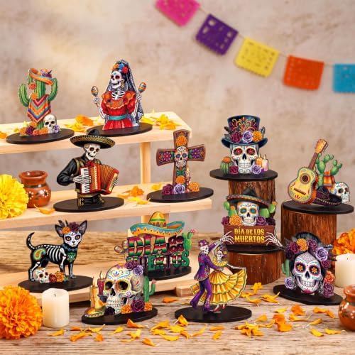 Leinuosen 12 Pcs Day of the Dead Table Decor Skull Wooden Tiered Tray Decor Dia De Muertos Centerpiece Guitar Cactus Sombreros Wooden Sign Day of the Dead Table Decorations for Home Kitchen