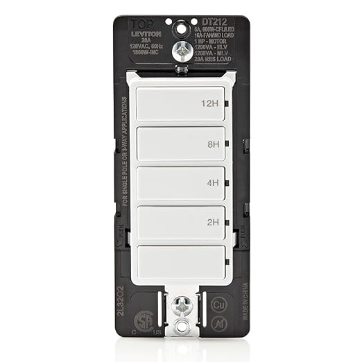 Leviton Countdown Switch for lights, attic, heaters, pool pumps, 2-4-8-12 hour, Neutral Wire Required, 20A, 1 HP/16A Fan/Motor, Single Pole, Multi-Way or Multi-Timer, DT212-1LW, White