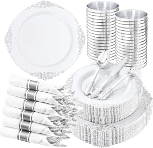 Hioasis 210 Pcs White Silver Plates for Party