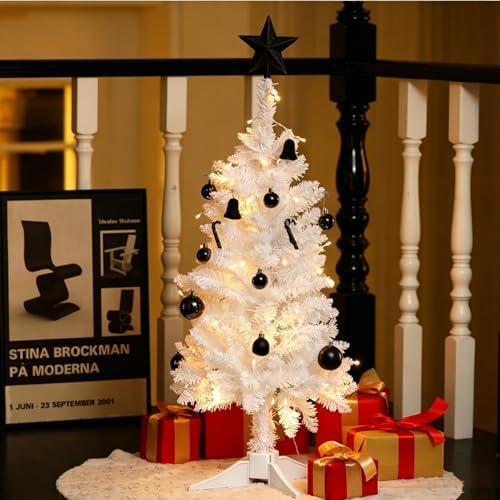4ft White Mini Artificial Christmas Tree Hinged Design with 100 Battery Powered LED Lights, 202 PVC Tips Small White Xmas Tree for Apartment Corner Office Indoor Holiday Party Decorations