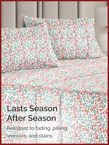 Christmas Sheet Set, Holiday Ribbon, Holiday Xmas Bedding Set - Twin Size
