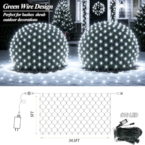 Lovelite 610LED Net Lights, 34.5ft x 5ft Christmas Net Lights Outdoor 8 Modes, Waterproof Connectable String Lights Green Wire Plug in for Bushes Xmas Tree Garden Holiday Party Decor - Cool White