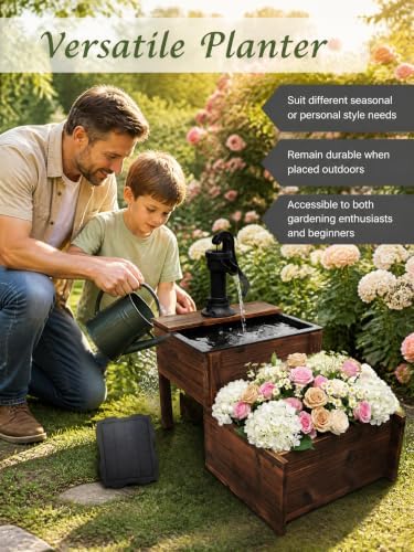 Outdoor Water Fountain, Floor Wooden Rectangular Double-Layer Old-Fashioned Hand Pump Fountain with Flower Box, Solar-Powered Electric Decorative Water Feature for Garden Patio Backyard